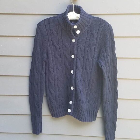 Chaps Sweaters - Chaps Navy Chunky Cable Knit Cardigan Sweater with White Buttons Size Large